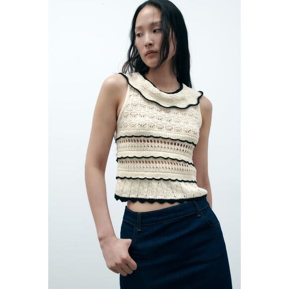 Zara Cream White Sleeveless Crochet Knit Ruffle Collar Crop Sweater Tank Top M - Picture 1 of 16